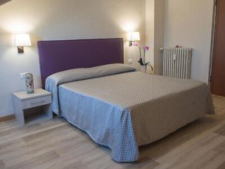 Simple and cozy hotel room with a purple headboard and a geometric patterned bedspread.